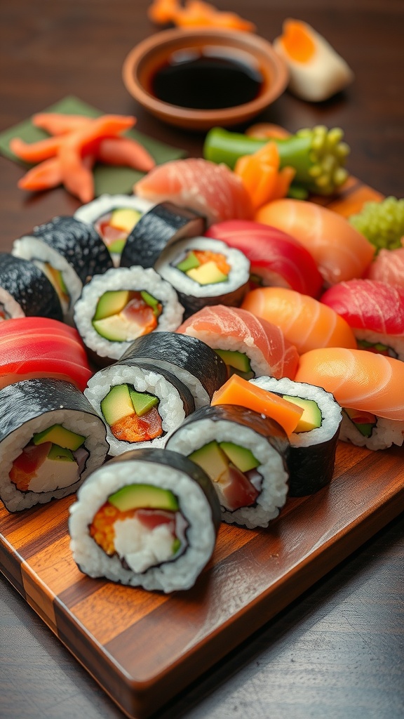 An assortment of colorful sushi rolls with various fillings on a wooden platter, accompanied by soy sauce and garnishes.